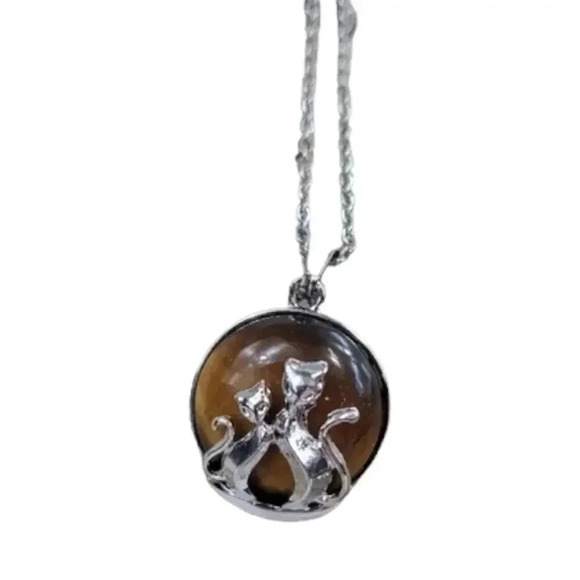 Cats Eye Mother and Baby Cat Necklace with Natural Stone Center Stainless Steel - Picture 3 of 9